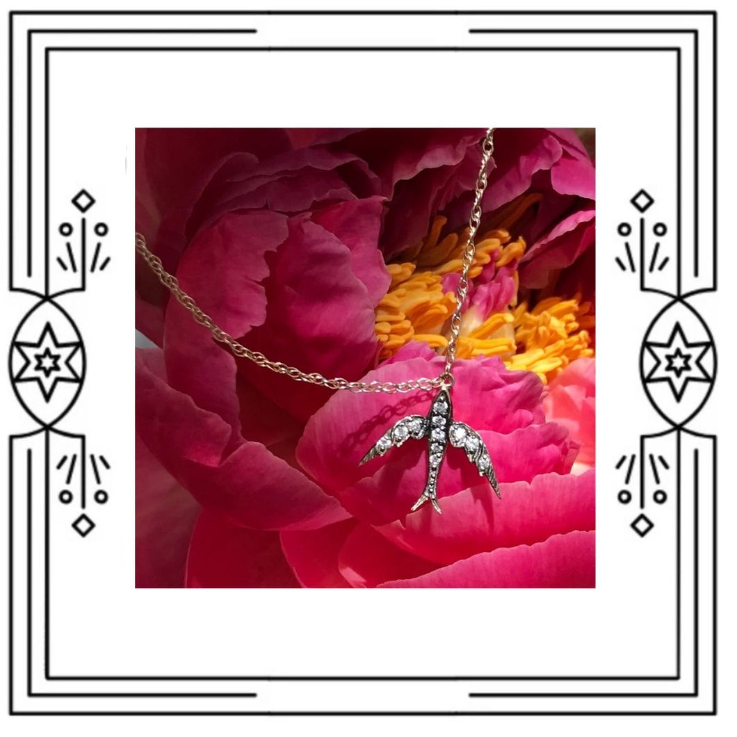 FANCY BIRD NECKLACE - ANTIQUE PLATED GOLD, DIAMONDS (Pre-order)