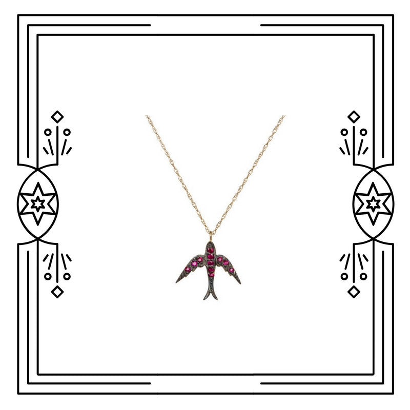 FANCY BIRD NECKLACE, ANTIQUE PLATED GOLD & RUBIES (PRE-ORDER)