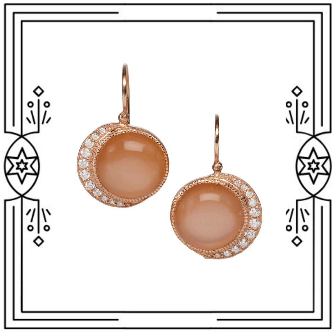 BIG FULL MOON DANGLE EARRINGS, ROSE GOLD, PEACH MOONSTONE